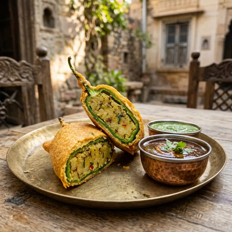 Golden fried Jodhpuri Mirchi Vada served with mint and tamarind chutneys on a traditional brass plate