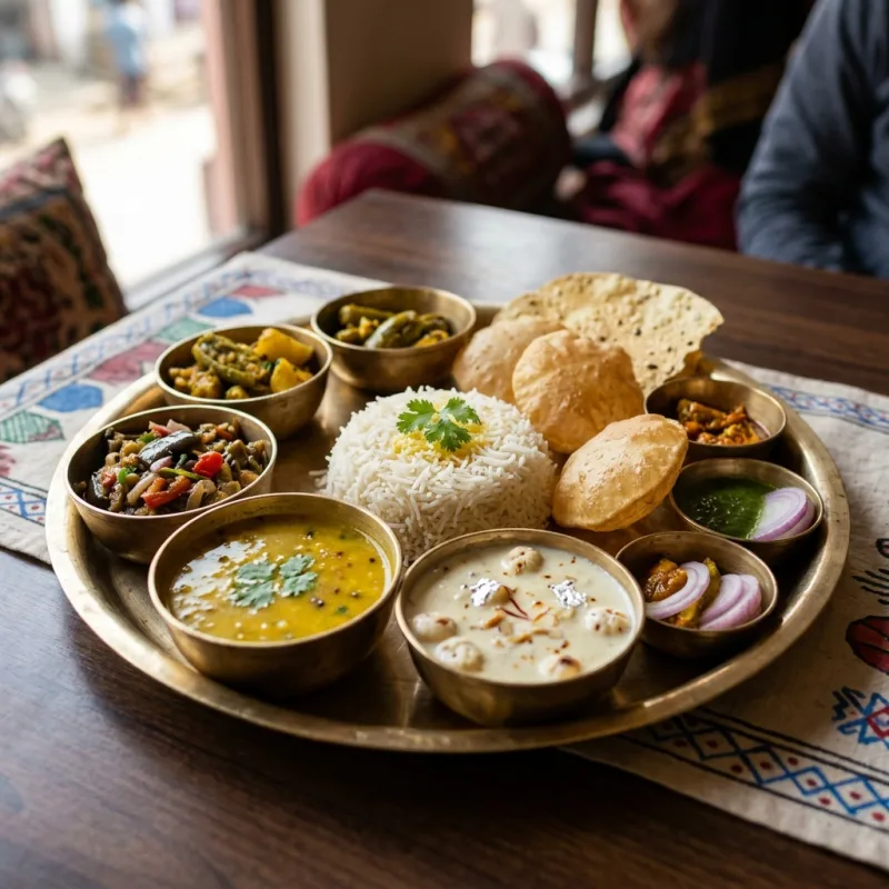 Authentic Mithila Thali platter with varied curries, puris, and makhana kheer on a brass plate in Janakpur