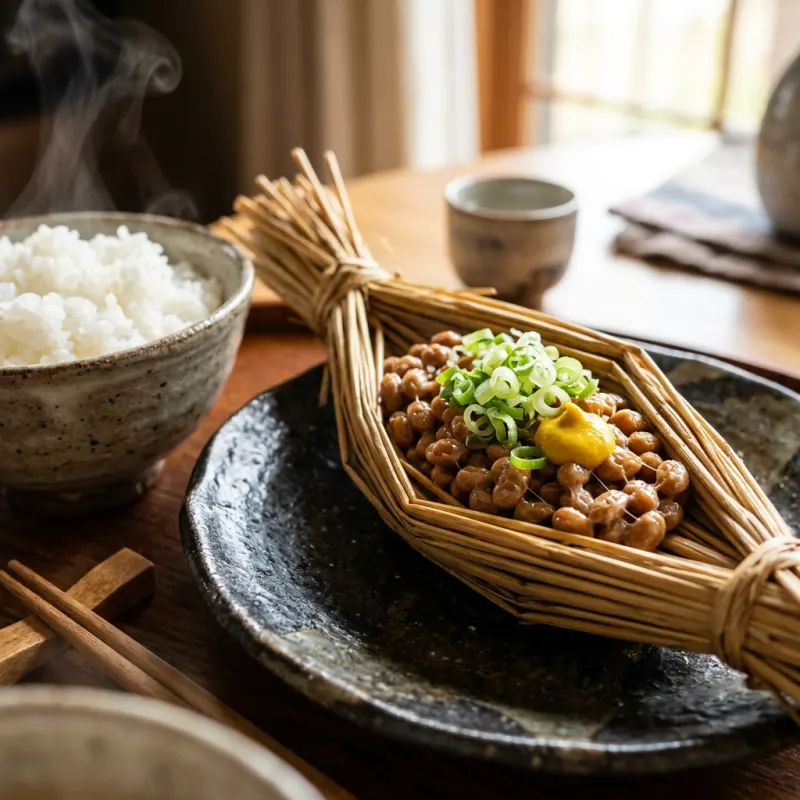 Authentic Japanese Mito natto fermented soybeans served in traditional rice straw bundle with scallions