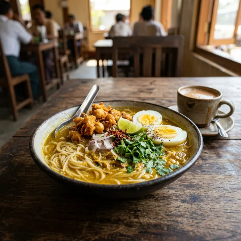 Authentic bowl of Burmese Mohinga fish soup with noodles and crispy fritters