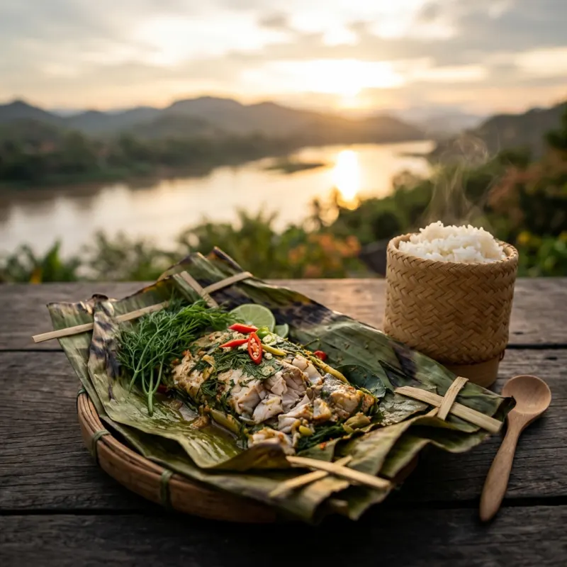 Mok Pa traditional Lao steamed fish wrapped in banana leaf with sticky rice