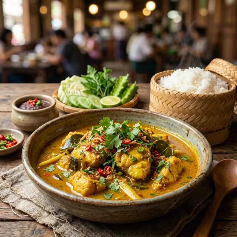 Authentic Mon-style fish curry served with white rice and fresh herbs in Bago