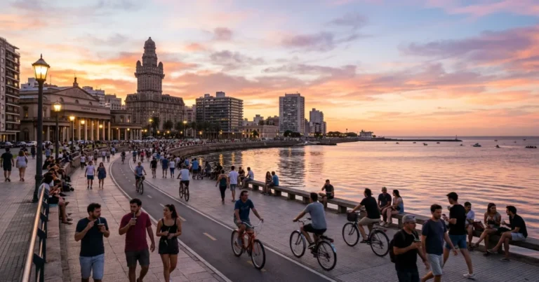 Montevideo (City) 6 Scenic wide-angle view of the Rambla waterfront promenade in Montevideo during golden hour