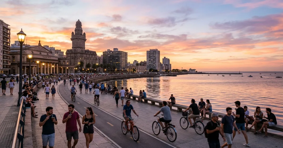 Travel Guides 8 Scenic wide-angle view of the Rambla waterfront promenade in Montevideo during golden hour
