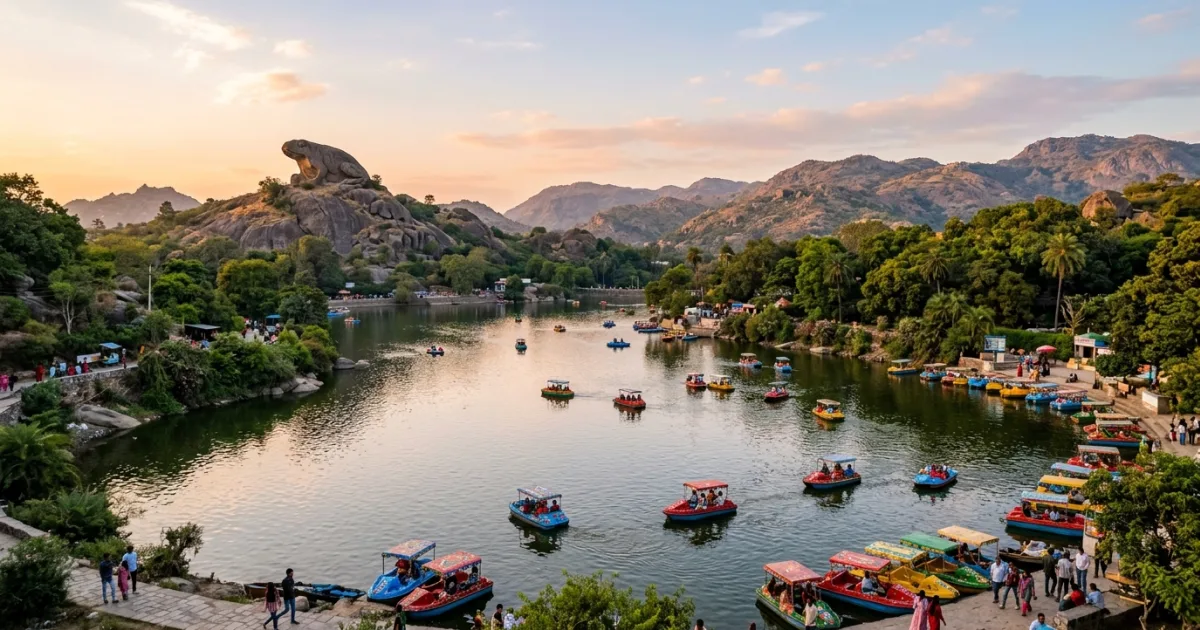 Panoramic view of Nakki Lake and rugged hills in Mount Abu Rajasthan