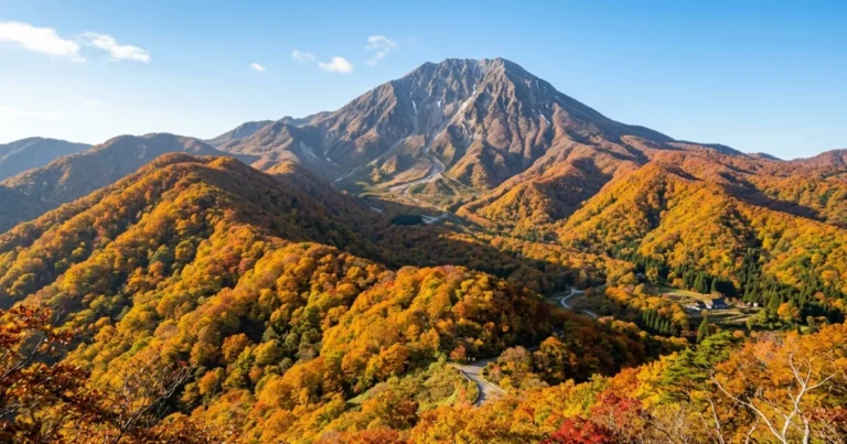 Mount Daisen Region 1 Panoramic view of Mount Daisen surrounded by colorful autumn beech forests in Tottori, Japan