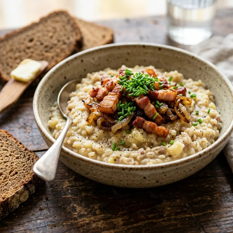 Authentic Estonian Mulgipuder barley and potato mash with smoked pork and onions