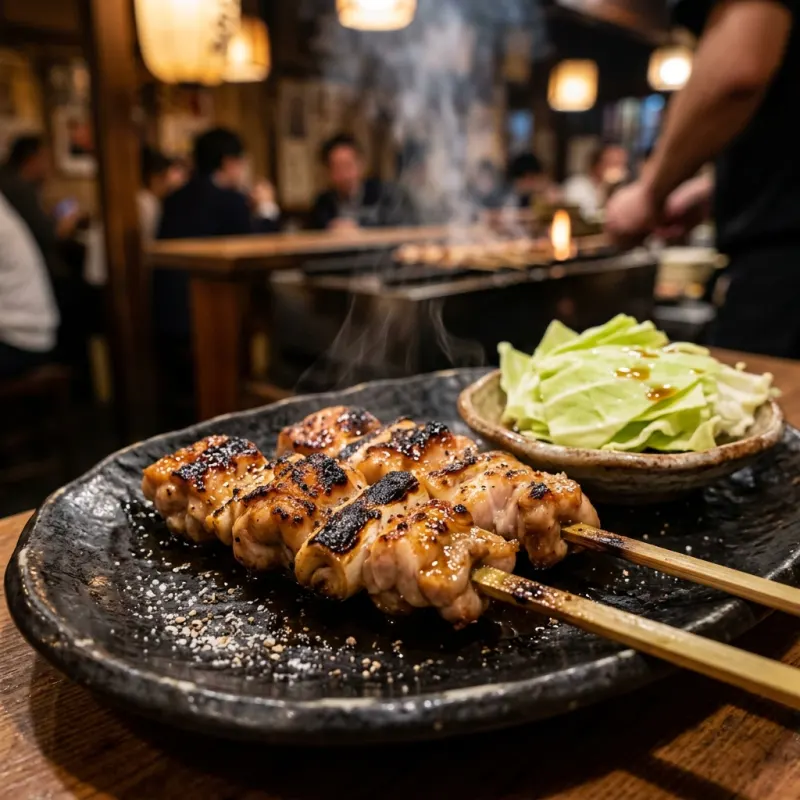 Authentic Japanese Nagato yakitori chicken skewers with grill marks on a ceramic dish