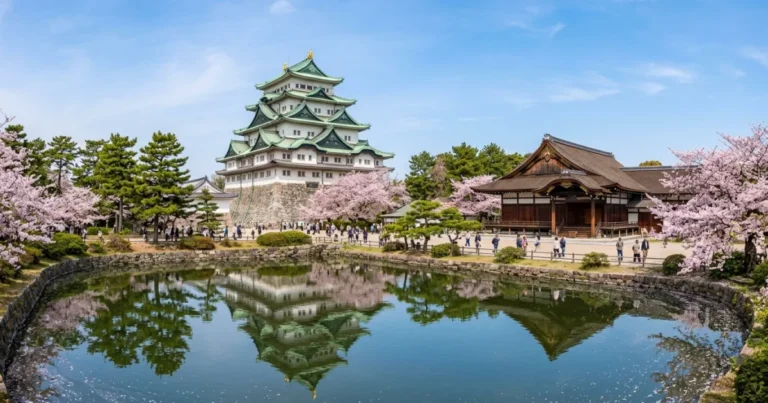 Nagoya 6 Panoramic view of Nagoya Castle surrounded by cherry blossoms and historic moat