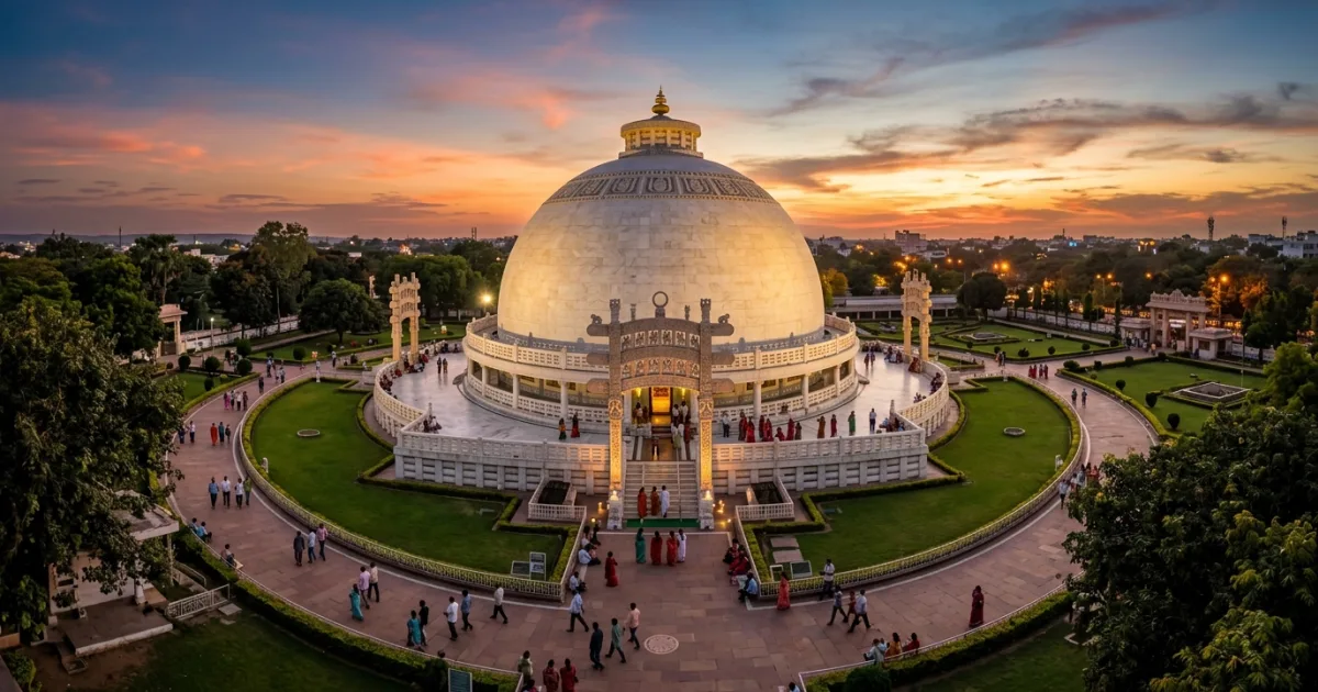 Panoramic view of the Deekshabhoomi Buddhist Stupa in Nagpur at sunset