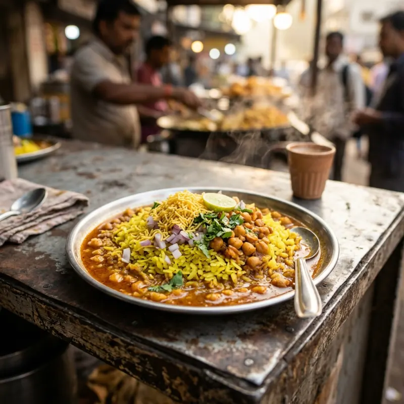 Authentic Nagpur Tarri Poha served with spicy chickpea gravy and sev