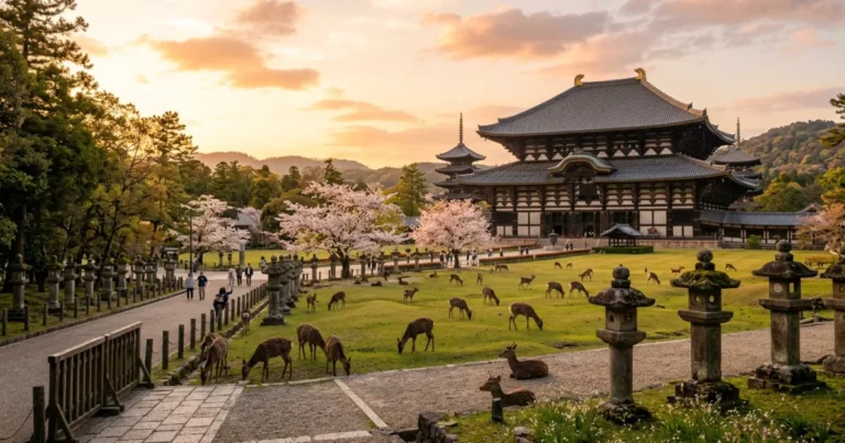 Nara City 7 Sika deer grazing in front of historic temple grounds in Nara City Japan