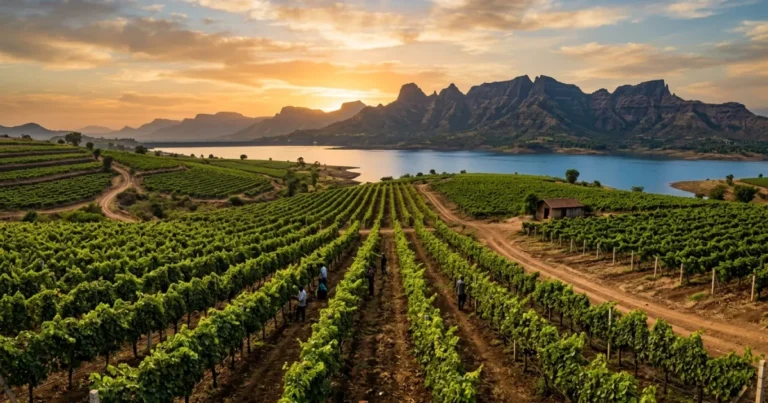 Nashik 1 Panoramic view of Nashik vineyards and rolling Western Ghat mountains at golden hour