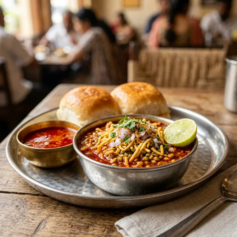 Authentic Nashik Misal Pav served with spicy gravy and toasted bread rolls on a metal thali