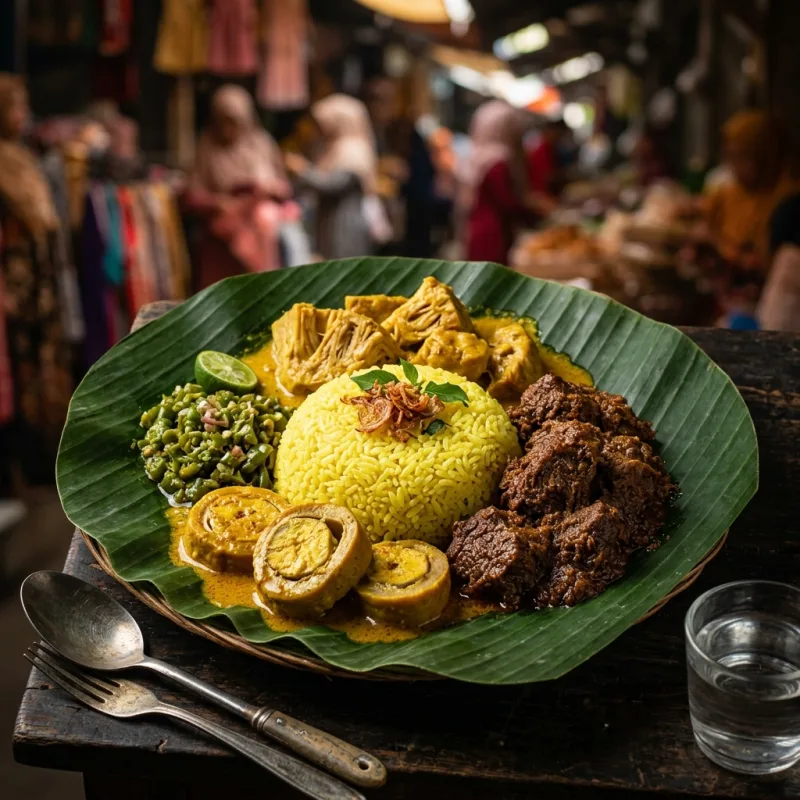 Authentic Minangkabau Nasi Kapau dish with various curries and sambal
