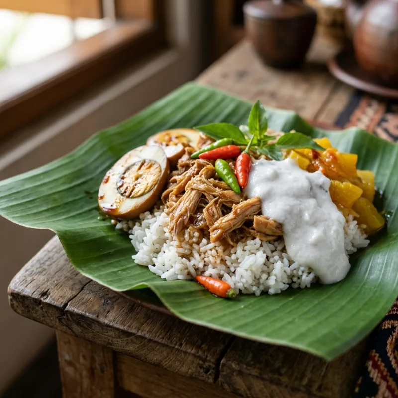Authentic Nasi Liwet Solo served on a banana leaf