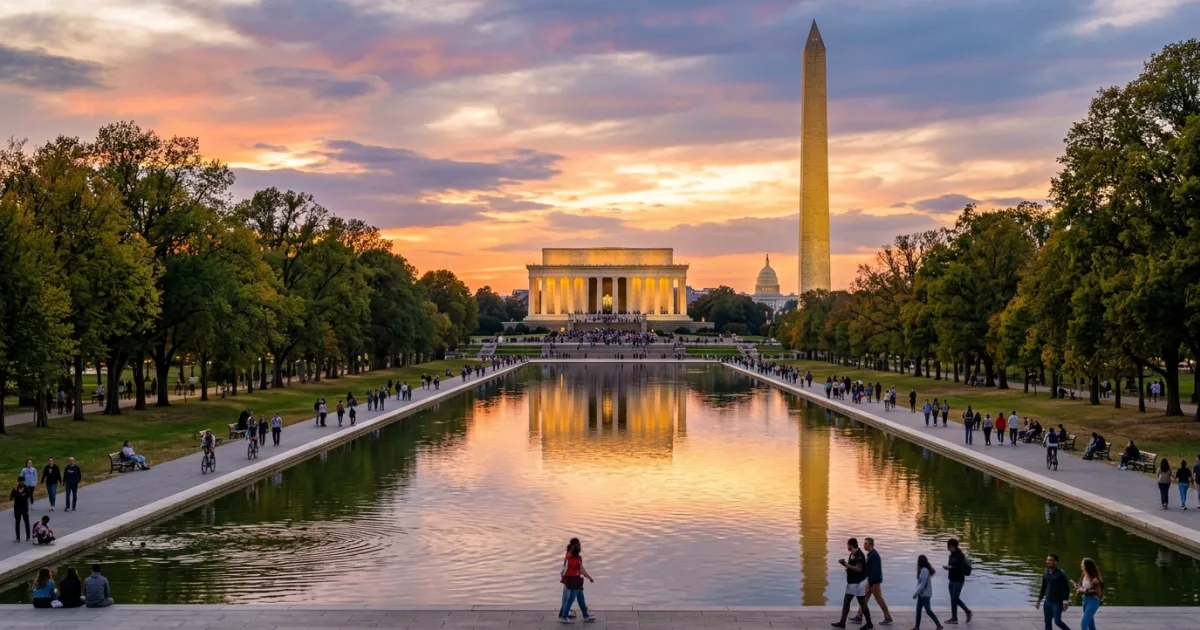Panoramic view of the National Mall featuring the Reflecting Pool and Washington Monument at sunset