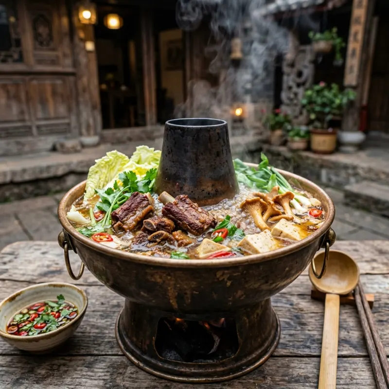 Bubbling Naxi cured pork rib hotpot in a traditional Yunnan brass pot with fresh vegetables