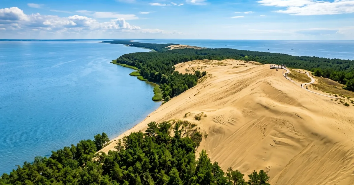 Panoramic view of Parnidis sand dune and the Curonian Lagoon in Neringa, Lithuania