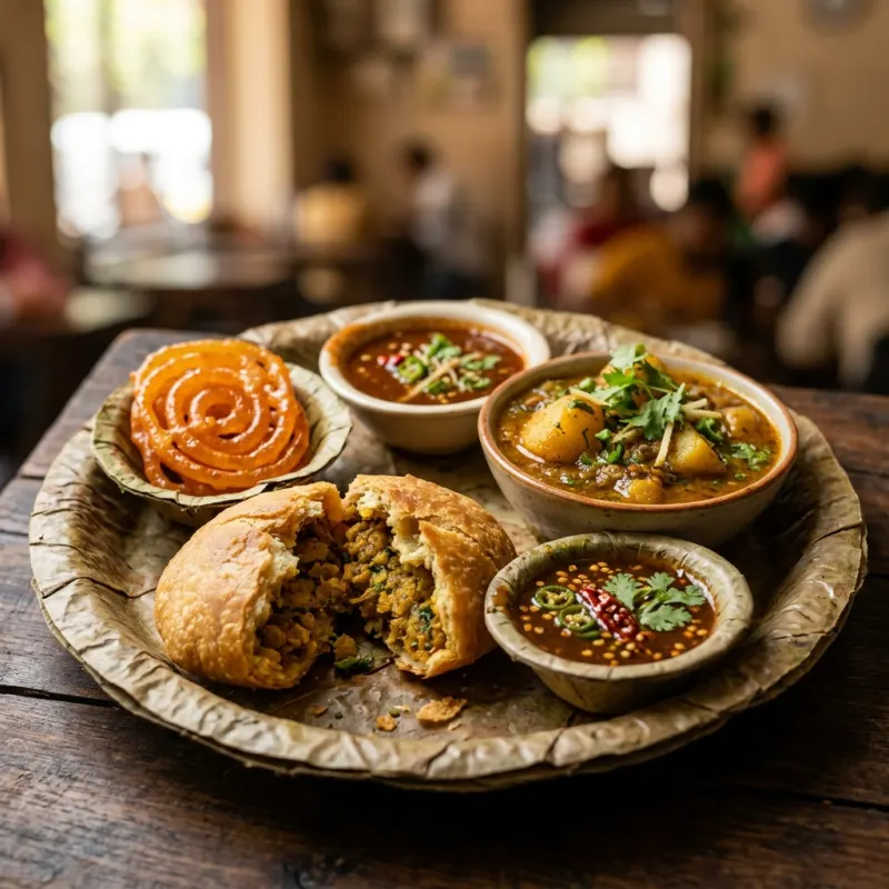 Golden spiced kachori served with Indian potato curry and jalebi