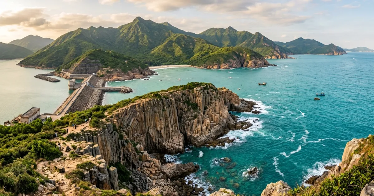 Panoramic coastal view of volcanic rock columns and turquoise water in the New Territories Hong Kong
