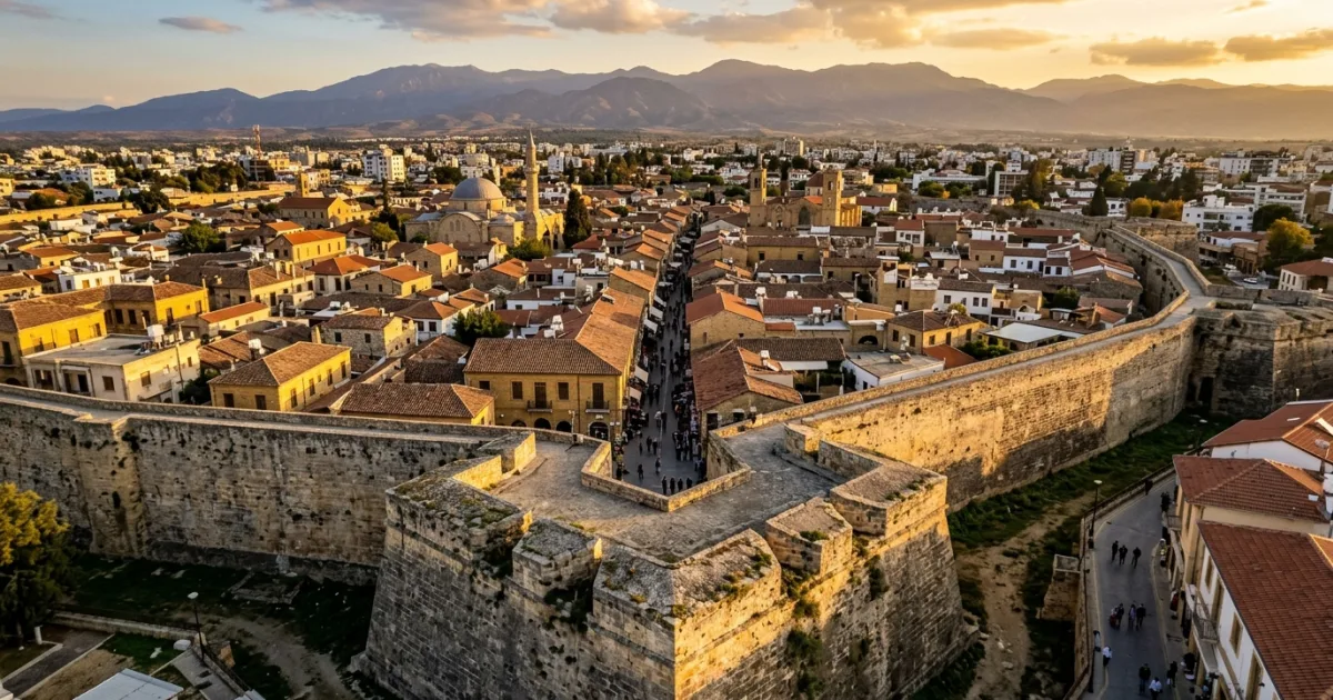 Panoramic view of Nicosia old town and historic Venetian fortifications at sunset