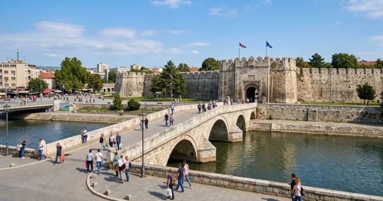 Nis 4 Wide-angle view of the Ottoman stone entrance gate of Nis Fortress in Serbia over the Nisava River