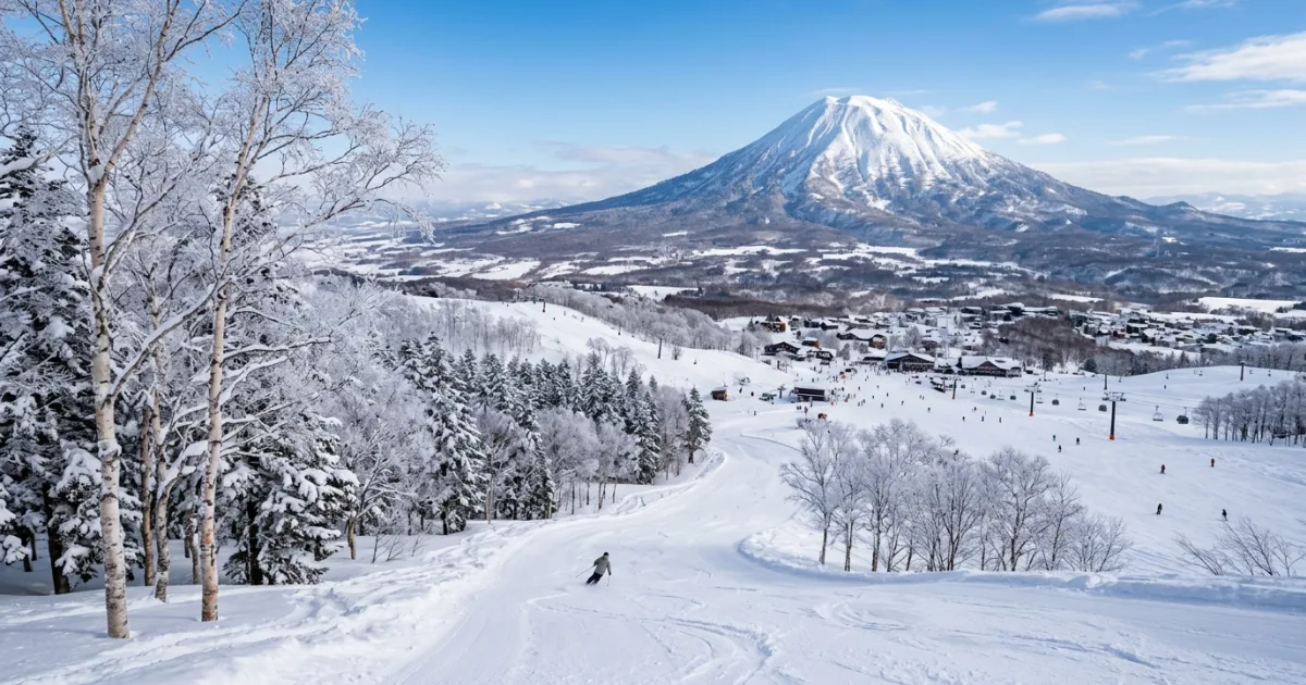 Panoramic view of Niseko snow slopes overlooking the snowy Mount Yotei volcano in Hokkaido