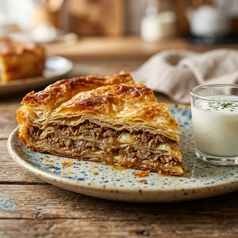 Freshly baked triangular quarter of authentic Niski burek pastry filled with seasoned meat on a rustic plate
