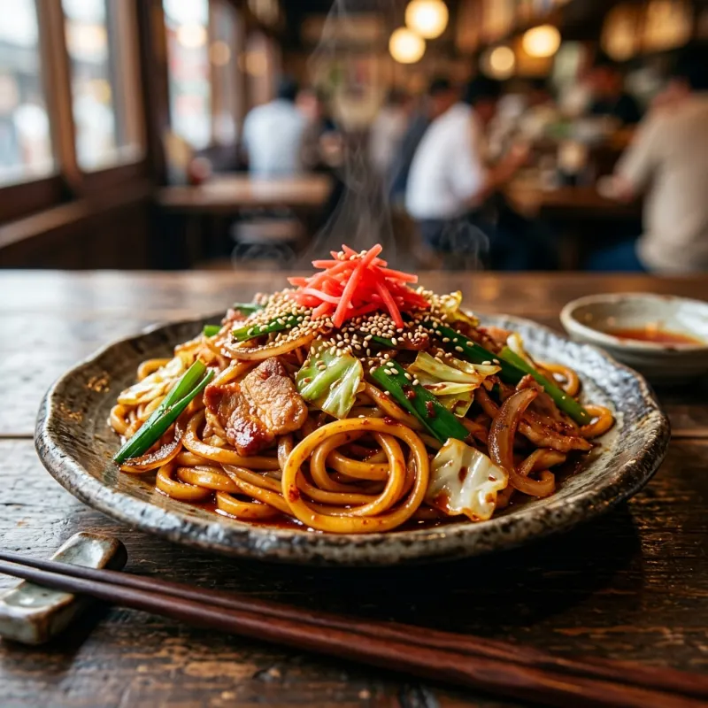 Noboribetsu Enma Yakisoba served hot on a Japanese ceramic plate
