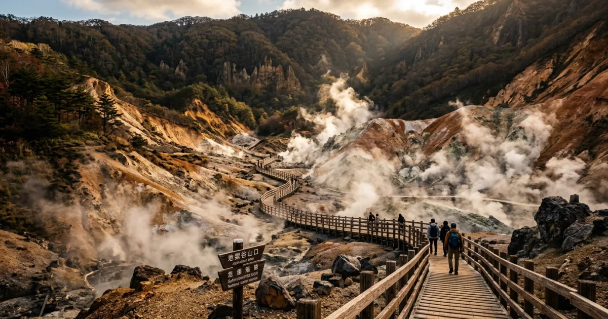 Steaming volcanic hills and wooden walkways of Jigokudani Hell Valley in Noboribetsu