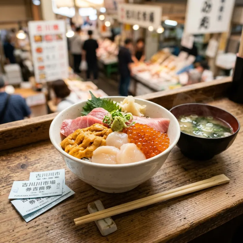 Fresh Nokkedon seafood rice bowl with scallops, uni, and tuna in Aomori market