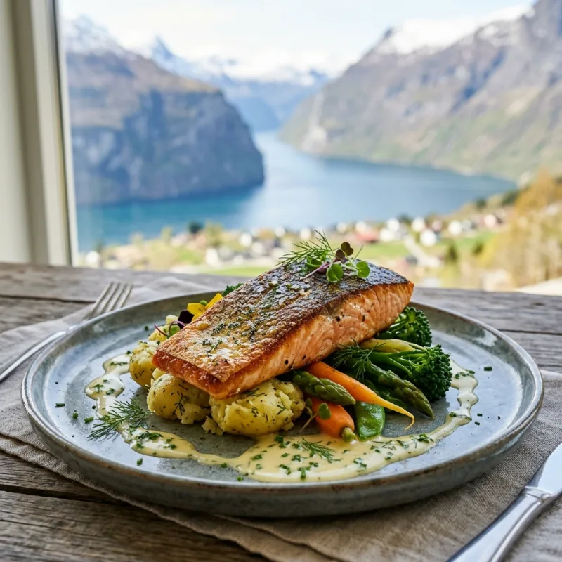 Pan-seared Norwegian fjord trout served with butter potatoes and chive emulsion in Loen