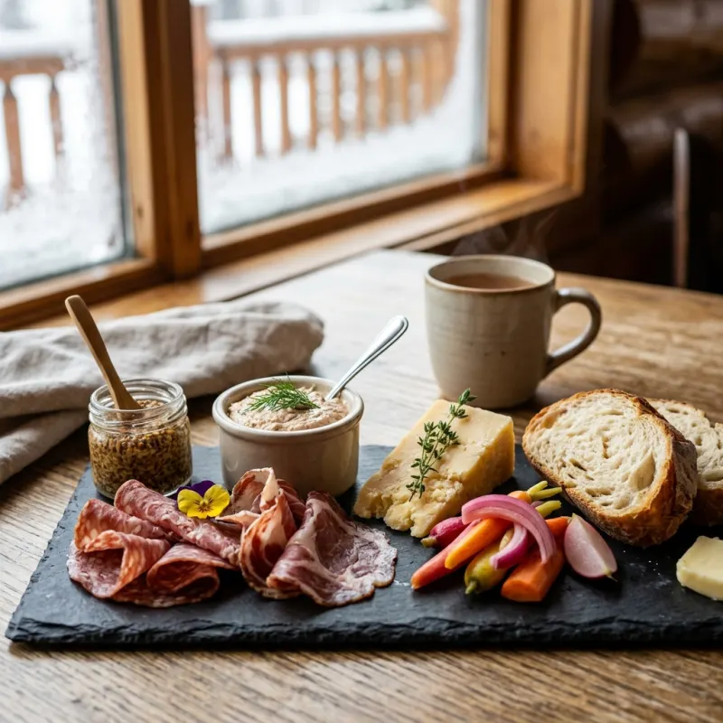 Nordic charcuterie board with cured meats and cheeses at Kananaskis Nordic Spa
