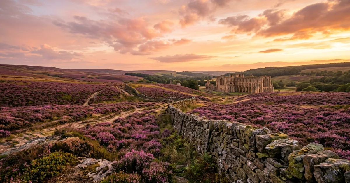 Panoramic view of purple heather-covered hills and ancient stone ruins in North Yorkshire at sunset