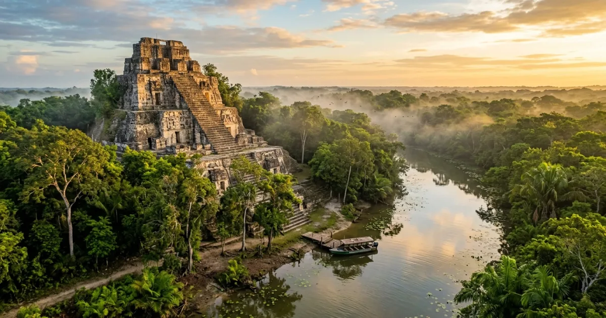 Ancient Maya temple of Lamanai surrounded by tropical jungle in Northern Belize