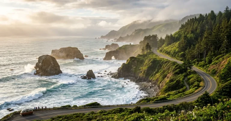Northern California 8 Scenic Northern California coastline with sea stacks and redwood trees at sunset