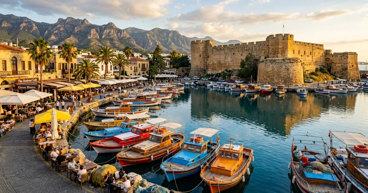 Kyrenia harbor and medieval castle under a sunny sky in Northern Cyprus