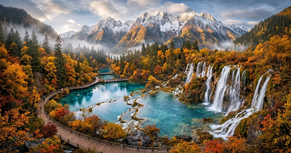 Panoramic view of turquoise alpine lakes and cascading waterfalls surrounded by autumn trees in Northern Sichuan