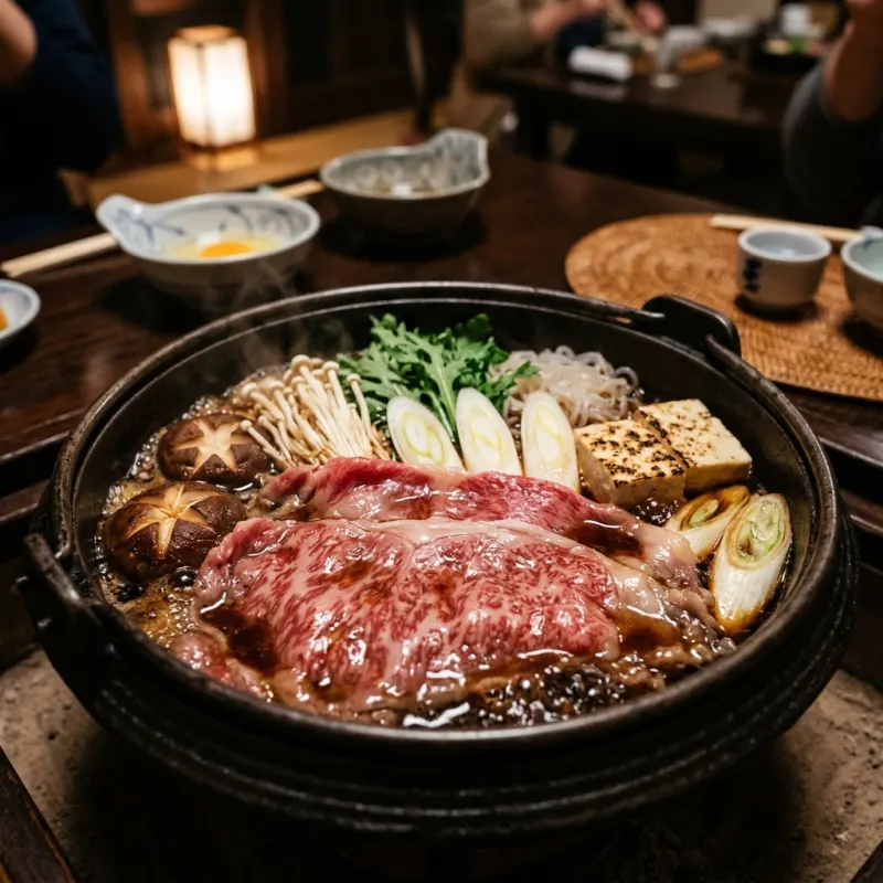 Bubbling iron hot pot of premium Obanazawa Wagyu sukiyaki with fresh mushrooms and vegetables