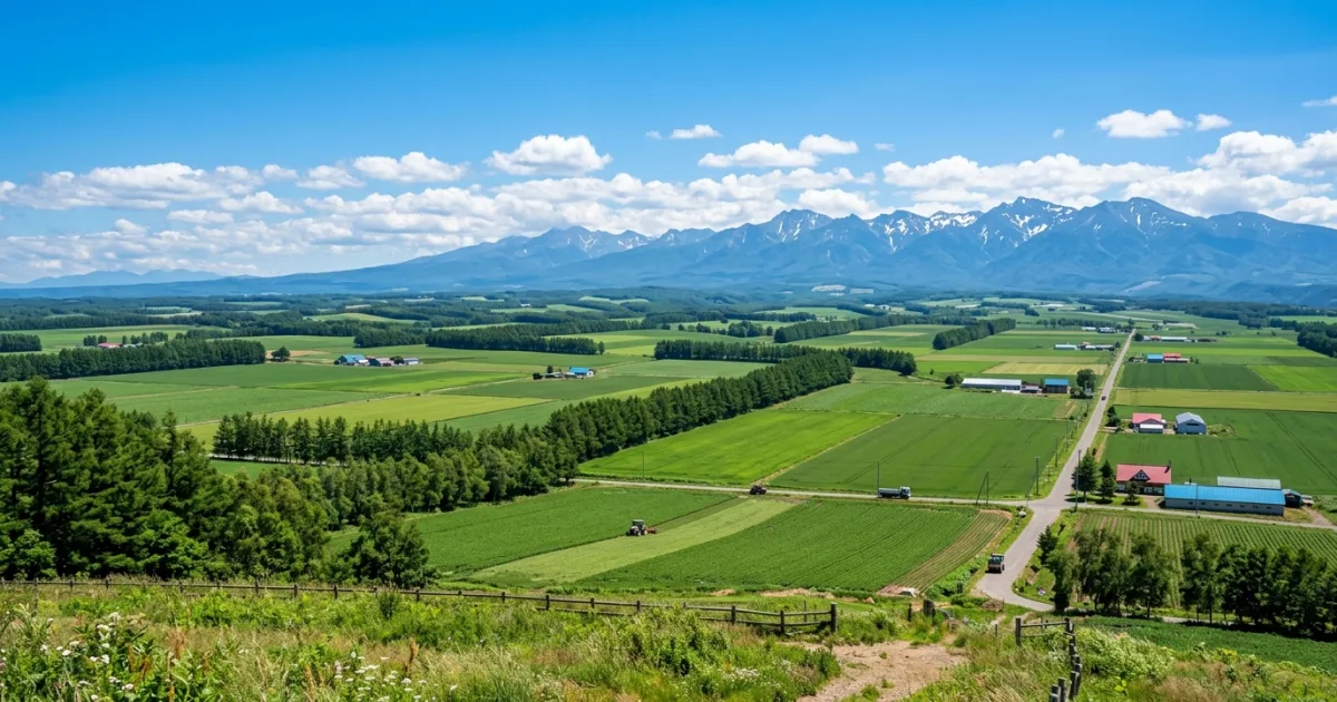 Panoramic landscape view of the Tokachi Plain near Obihiro with mountains in the background