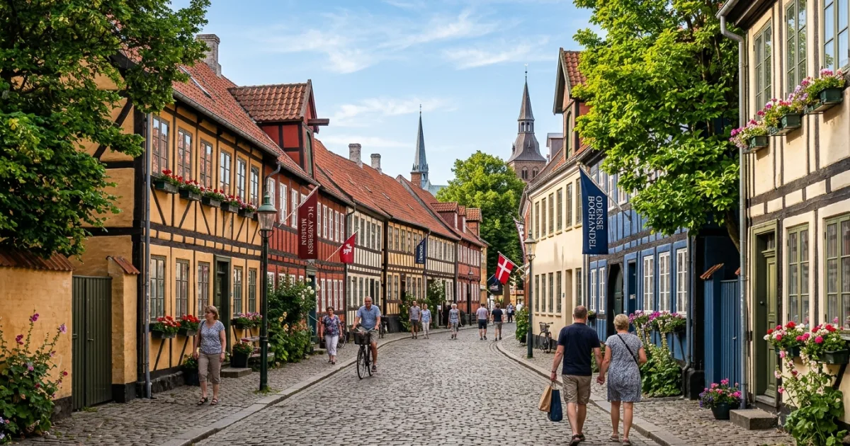 Cobblestone street with colorful historic houses in Odense, Denmark