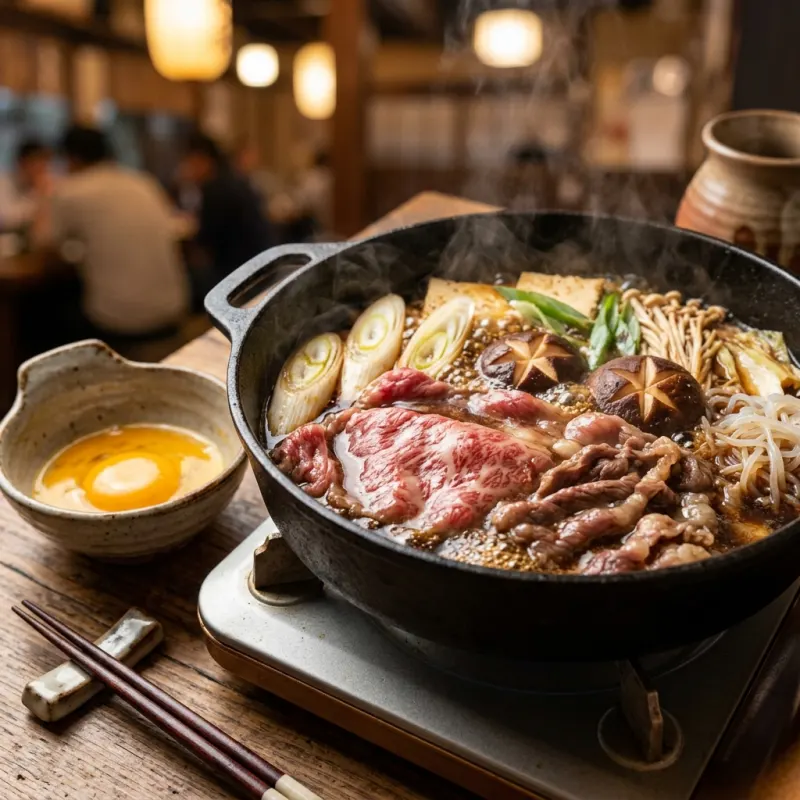 Simmering Omi Beef Sukiyaki in a traditional Japanese cast iron pot with scallions and dipping egg