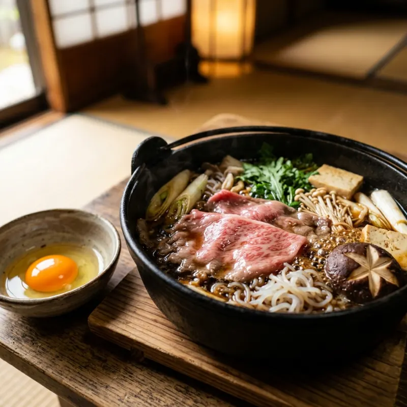 Authentic Omi Beef Sukiyaki simmering in a cast iron pot with marbled wagyu and fresh vegetables