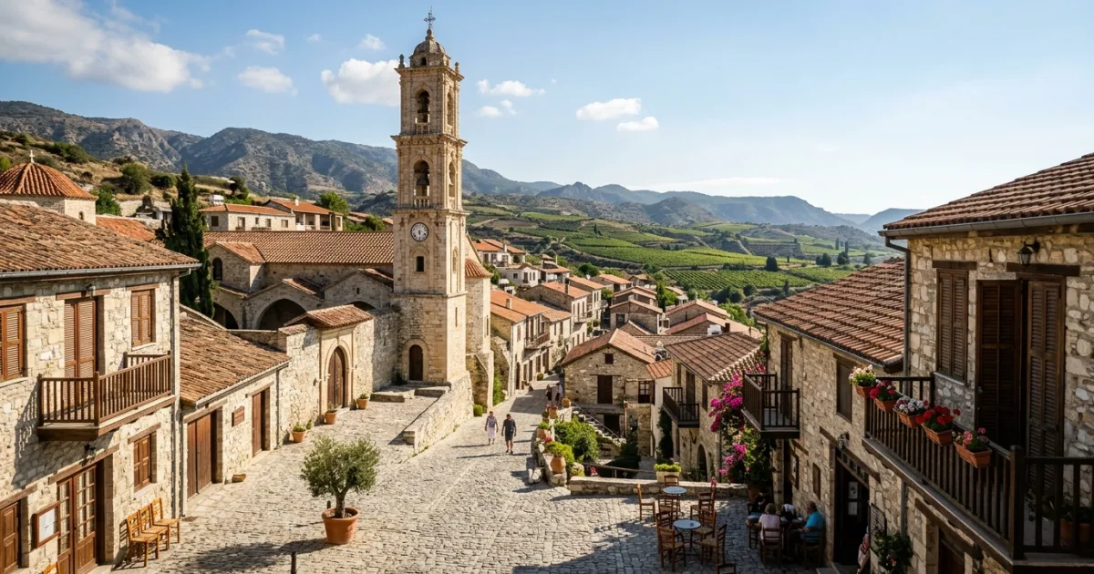 Panoramic view of Omodos village square and the Holy Cross Monastery in the Troodos Mountains