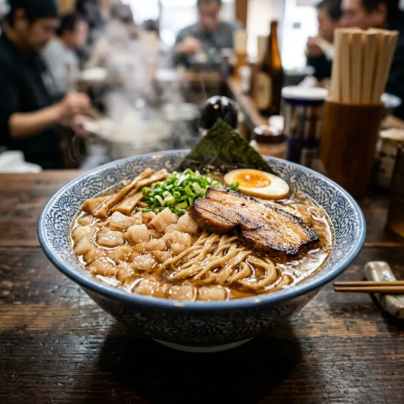 Authentic bowl of Onomichi Ramen with soy broth and pork back fat