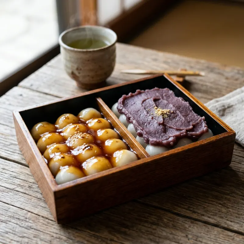 Box of traditional Onuma Dango rice dumplings coated with sweet soy sauce glaze and red bean paste