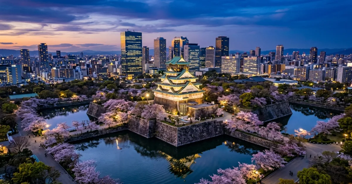 Illuminated Osaka Castle overlooking the stone moat with modern city skyscrapers at dusk