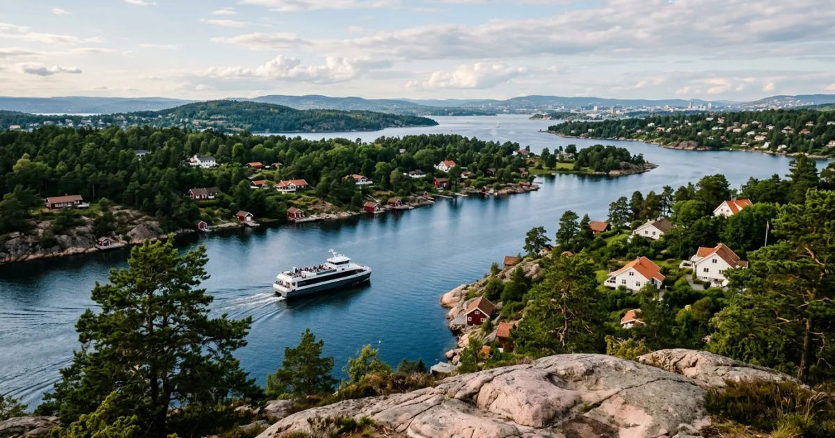 Panoramic view of the Oslofjord Region showing coastal pine islands, granite shores, and an electric ferry on blue waters