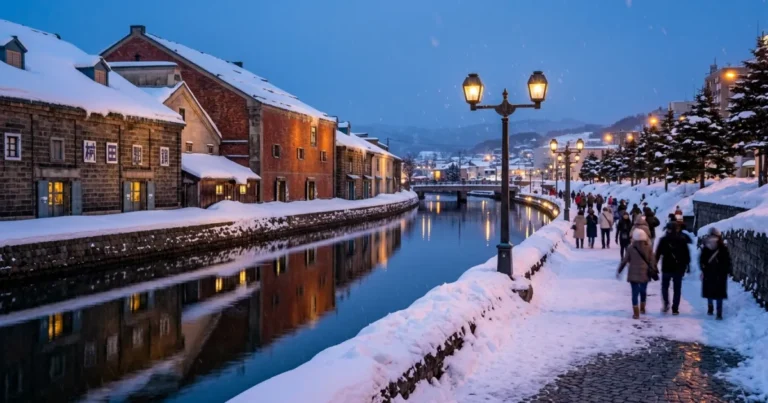 Otaru 7 Twilight winter view of the snow-covered Otaru Canal lined with vintage gas lamps and historic warehouses